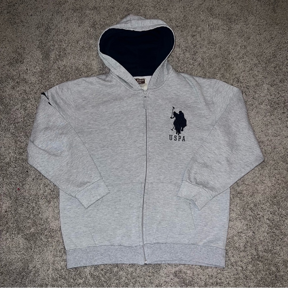 US Polo Assn USPA Embroidered Long Sleeve Full Zip Pockets Hoodie Gray 14/16